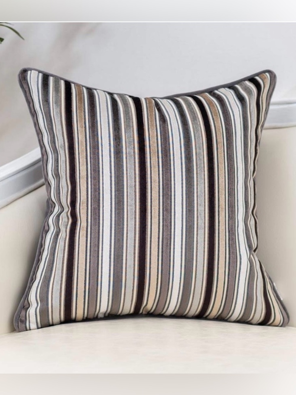 Striped Velvet Pillow Cover SQUARE 18x18” BLACK GRAY (1-count)